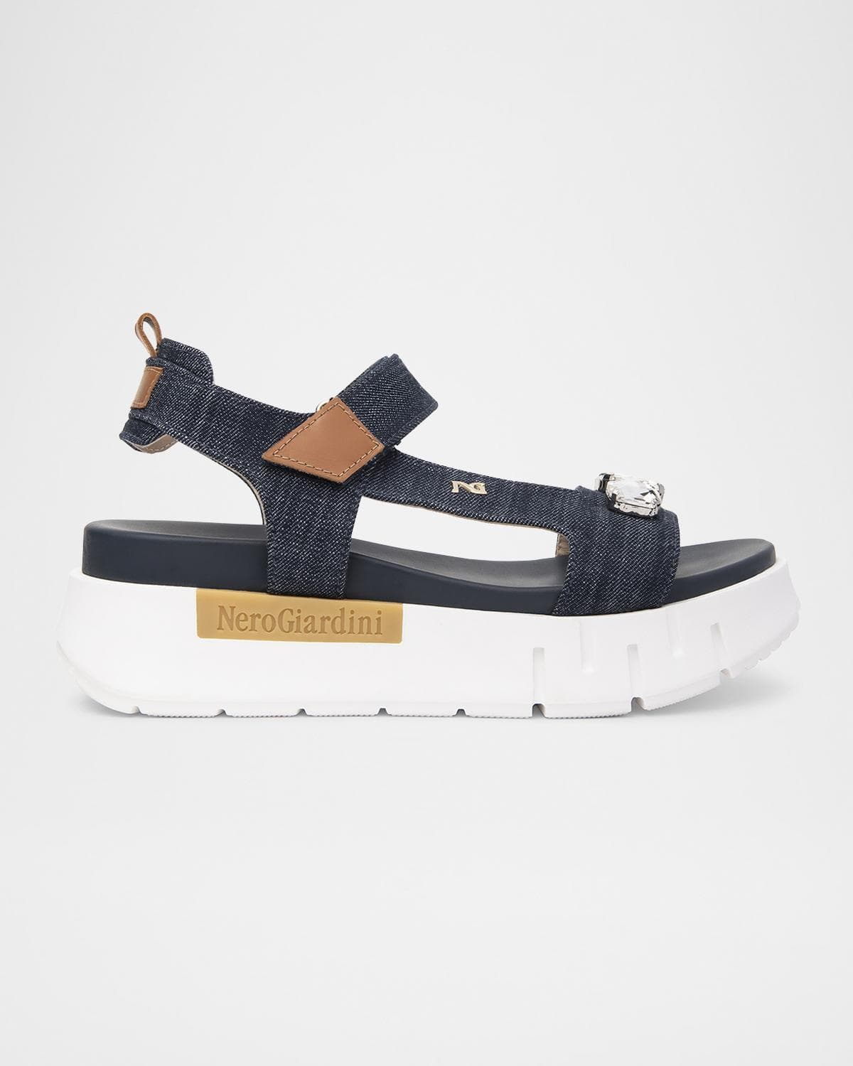 NeroGiardini Stone Embellished Denim and Leather Sandals