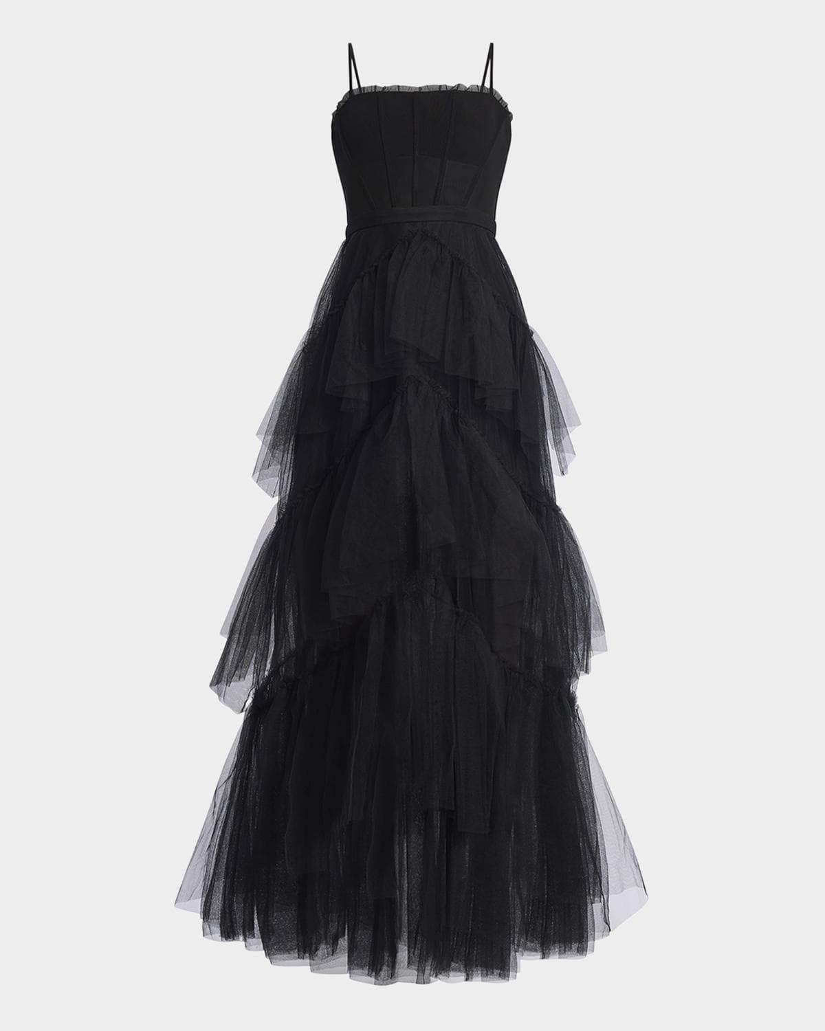 BCBGMAXAZRIA Oly Ruffle Tiered Corset Gown