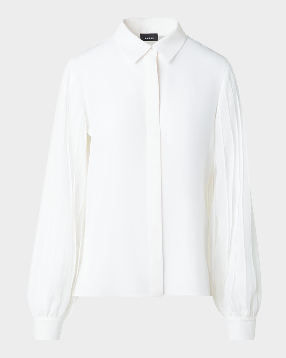 Akris Silk Crepe Pleated-Sleeve Blouse