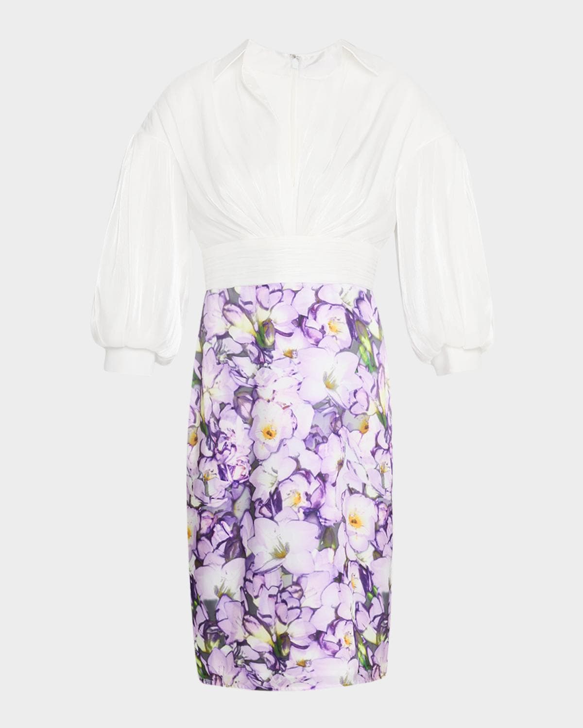 Badgley Mischka Collection Ruched Floral-Print Mixed Media Dress