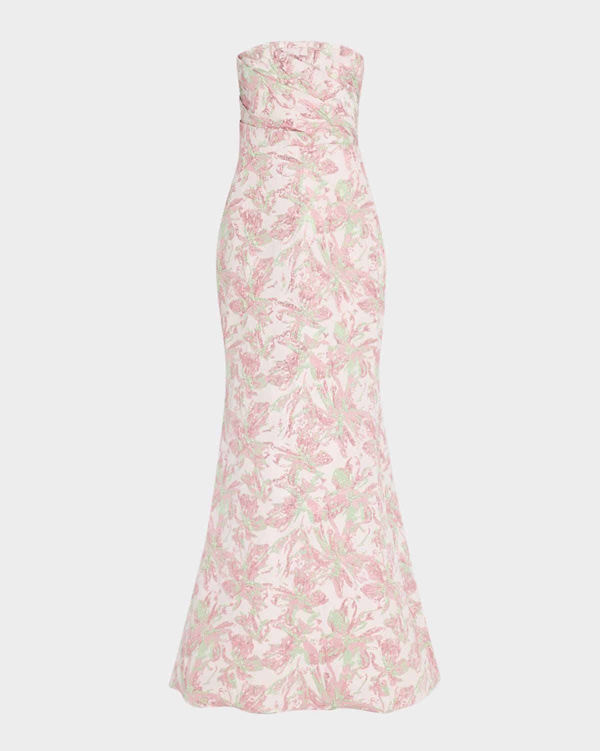 Badgley Mischka Collection Strapless Pleated Metallic Jacquard Gown
