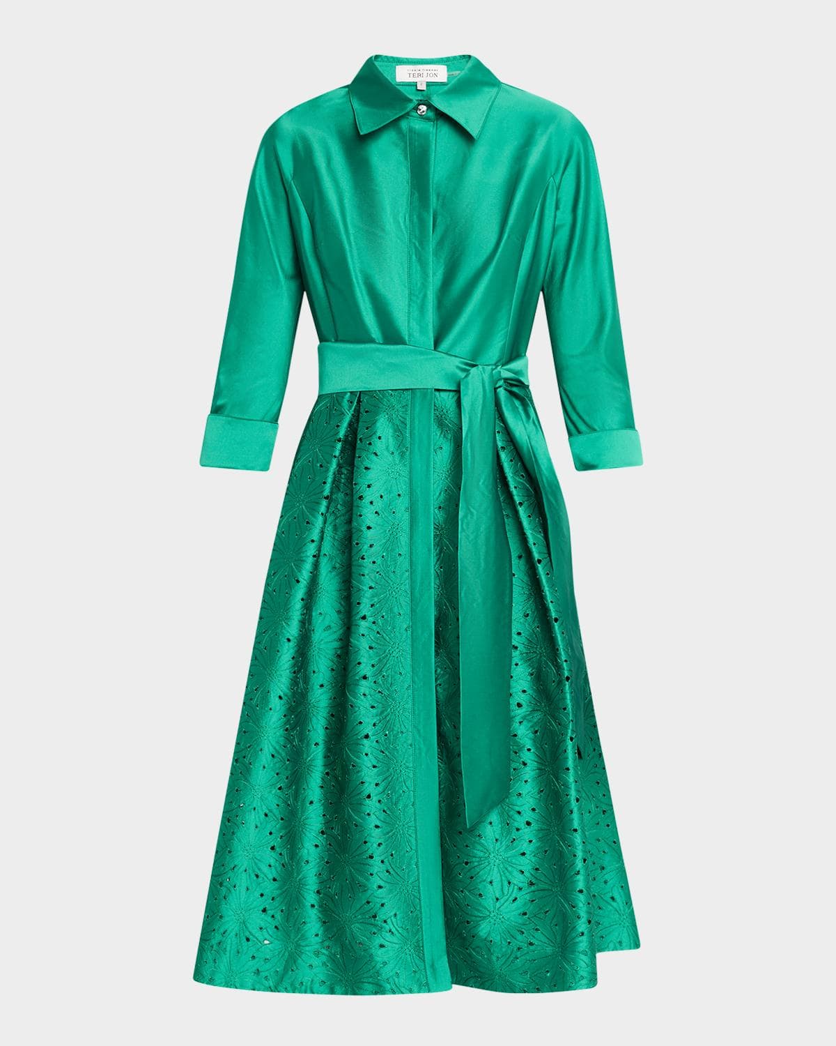 Rickie Freeman for Teri Jon Eyelet Embroidered Taffeta Midi Shirtdress