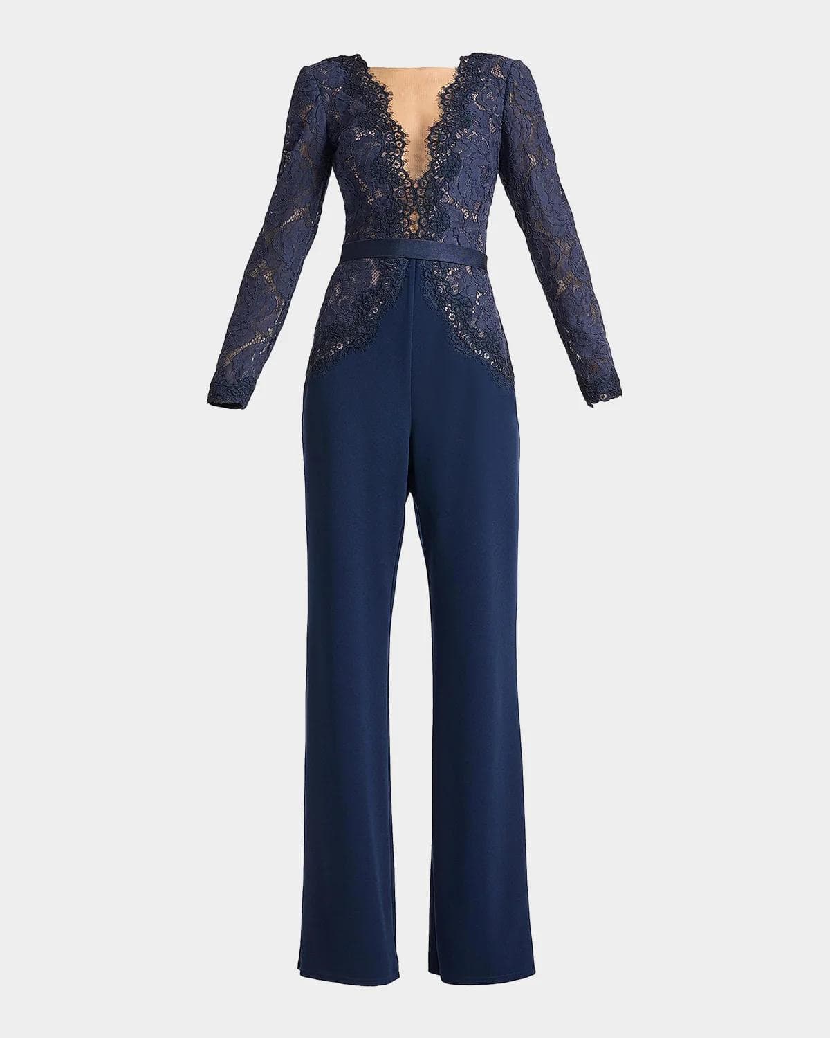Tadashi Shoji Amaris Plunging Illusion Lace & Crepe Jumpsuit