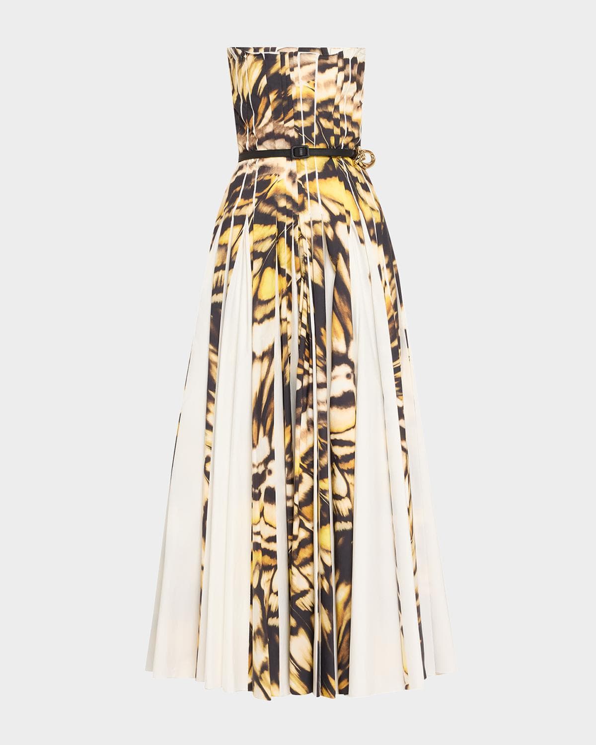 Oscar de la Renta Strapless Pleated Butterfly Poplin Ankle Dress With Belt · 0