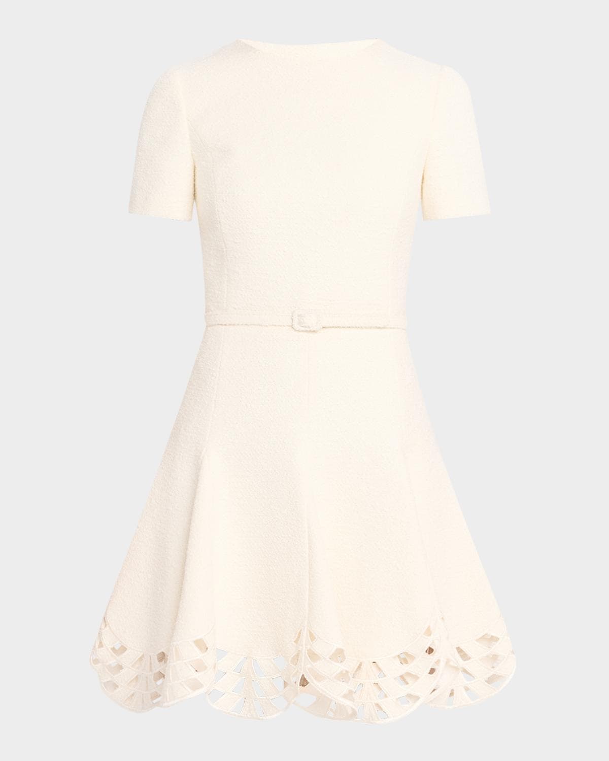 Oscar de la Renta Short-Sleeve Cutout-Hem Tweed Mini Dress With Belt