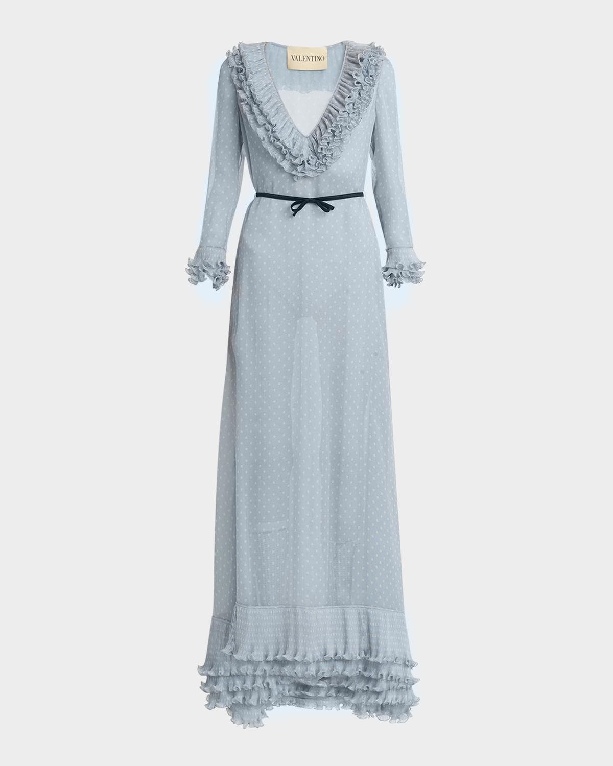 Valentino Garavani Polka Dot Layered Ruffle Sheer Gown with Ribbon