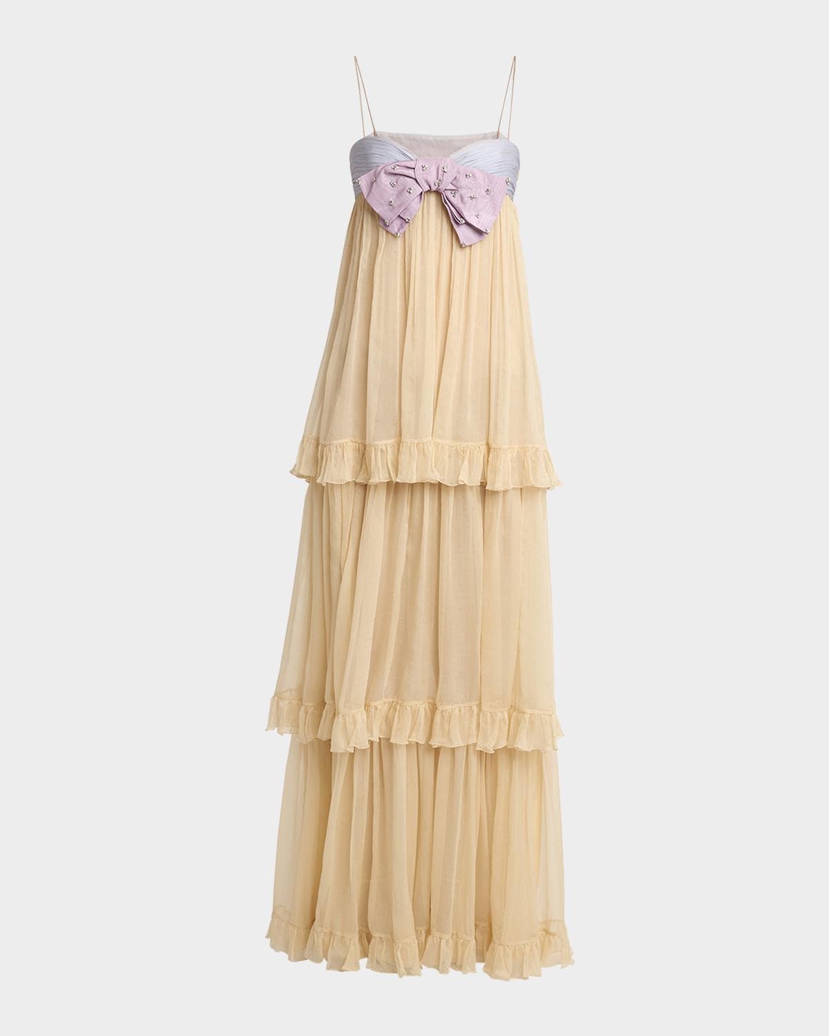 Valentino Garavani Crystal Creponne Bow Tiered Chiffon Babydoll Gown