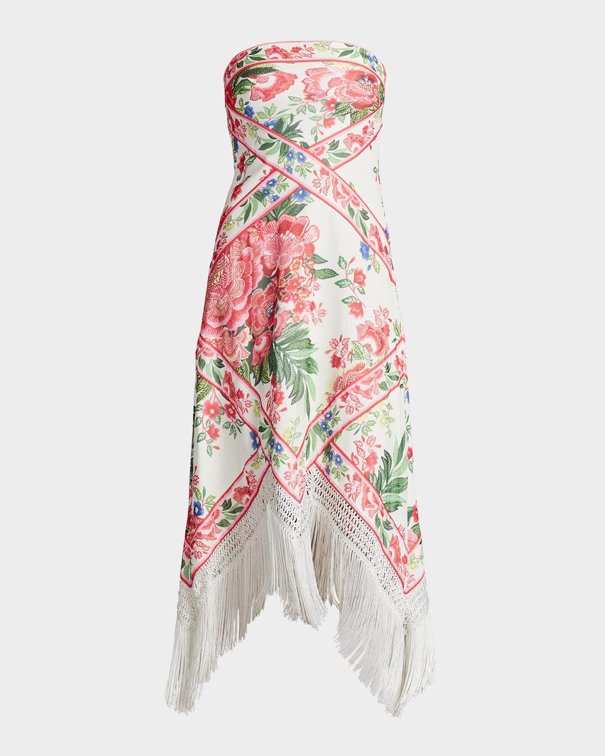 Tadashi Shoji Strapless Floral-Print Fringe Midi Dress