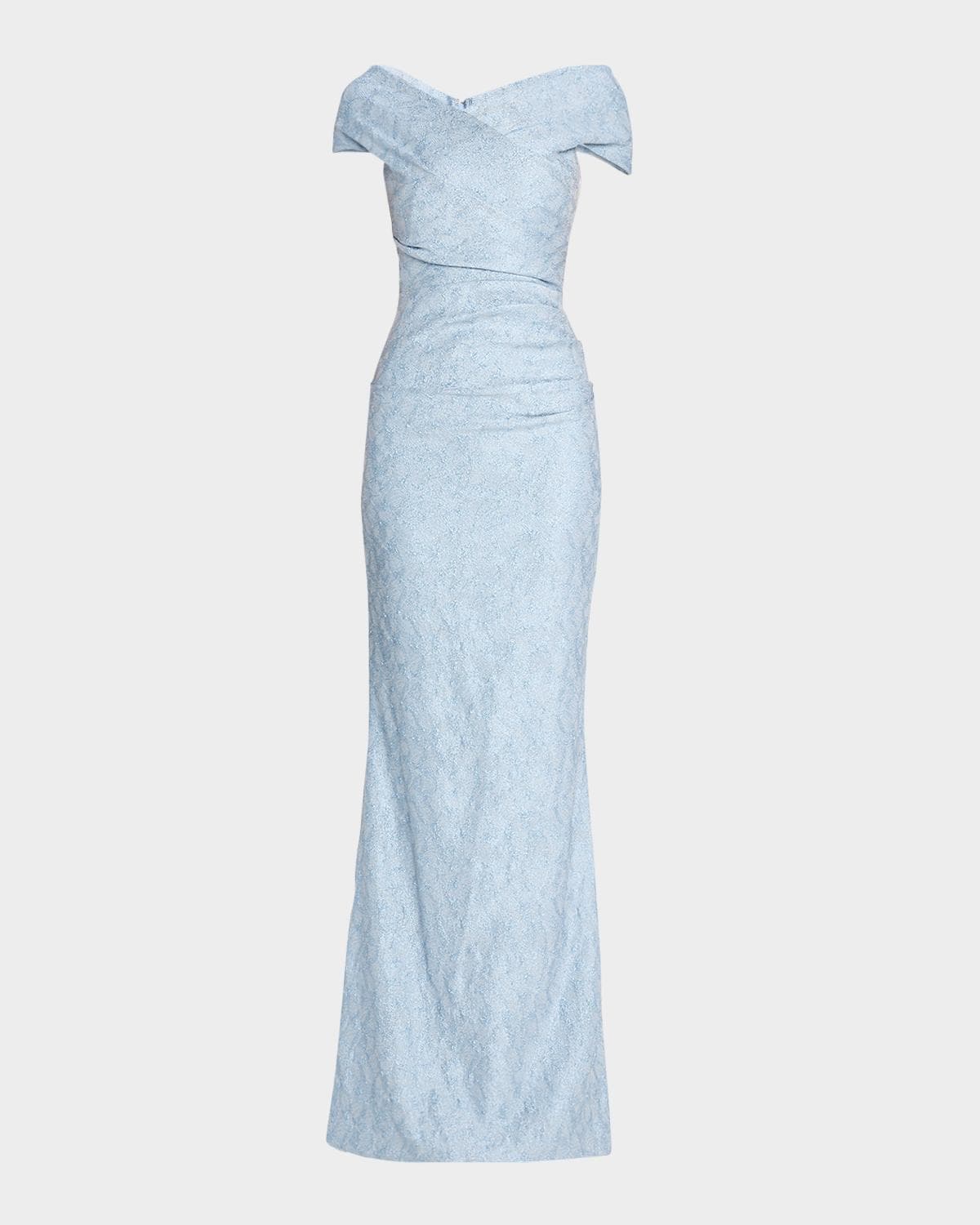 Rickie Freeman for Teri Jon Off-Shoulder Metallic Jacquard Column Gown