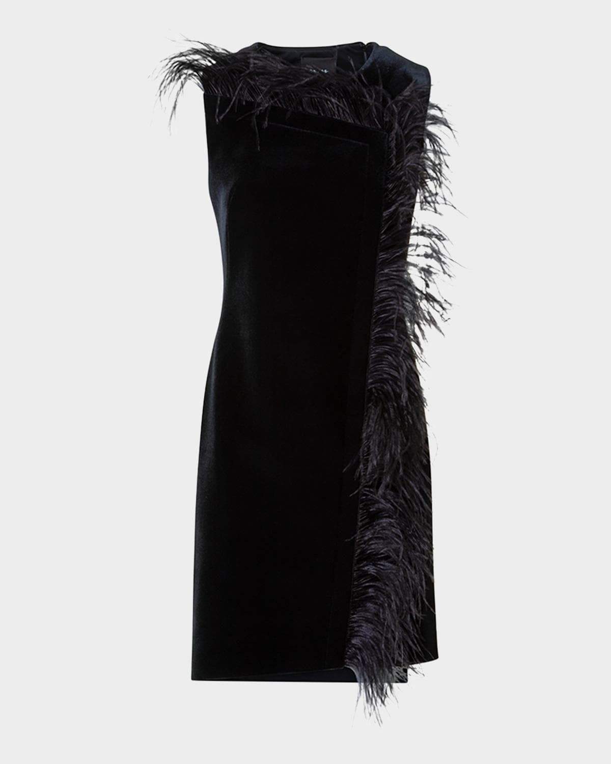 Akris Neoprene Velvet Feather-Trim Asymmetric Mini Dress