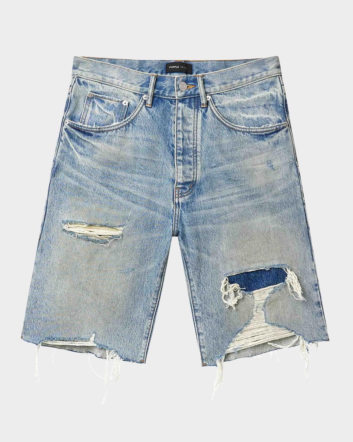 PURPLE Men's Faros Distressed Cotton Denim Shorts