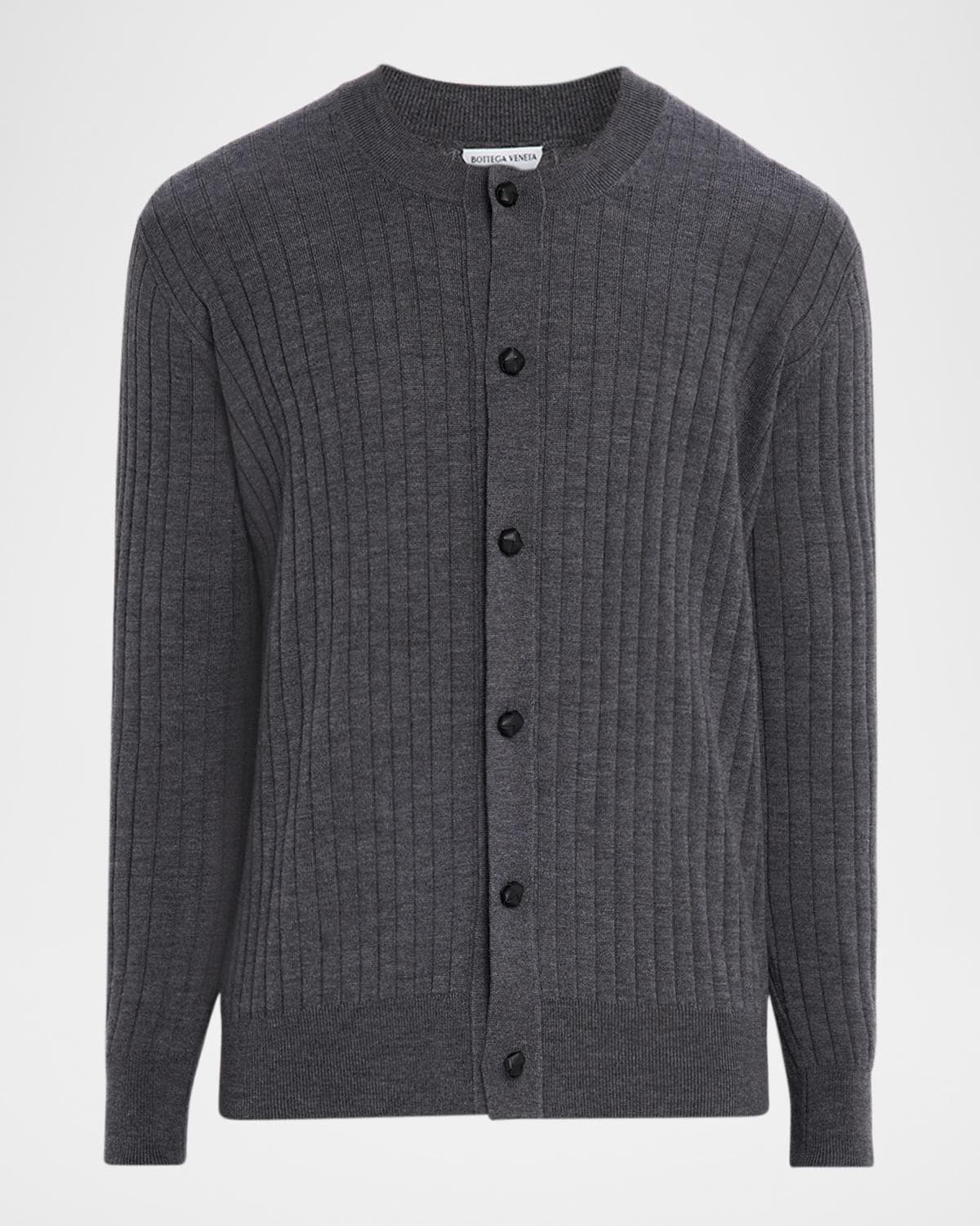 Bottega Veneta Men's Ribbed Wool Cardigan with Leather Buttons