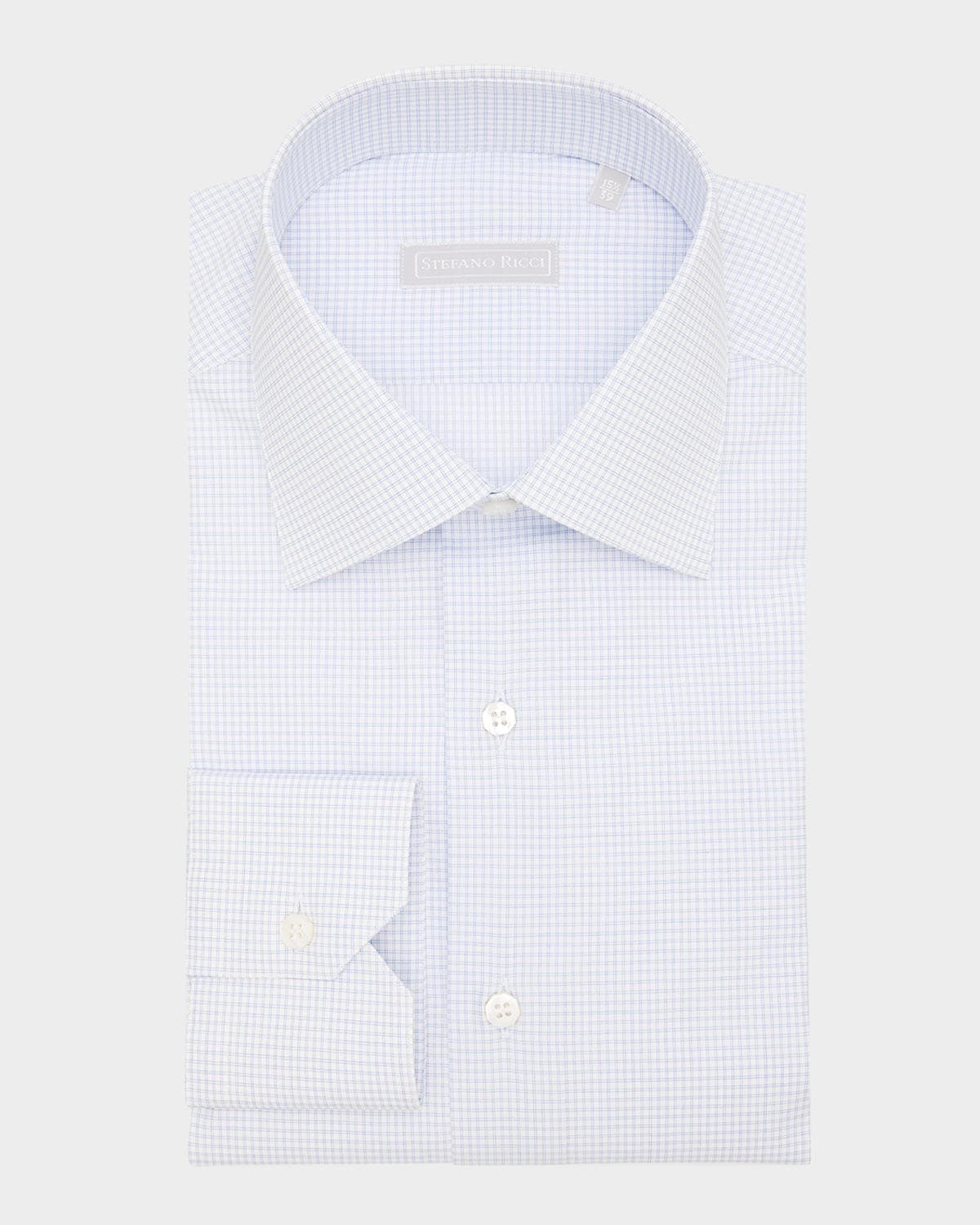 Stefano Ricci Men's Cotton Micro-Graph Check Point Collar Dress Shirt