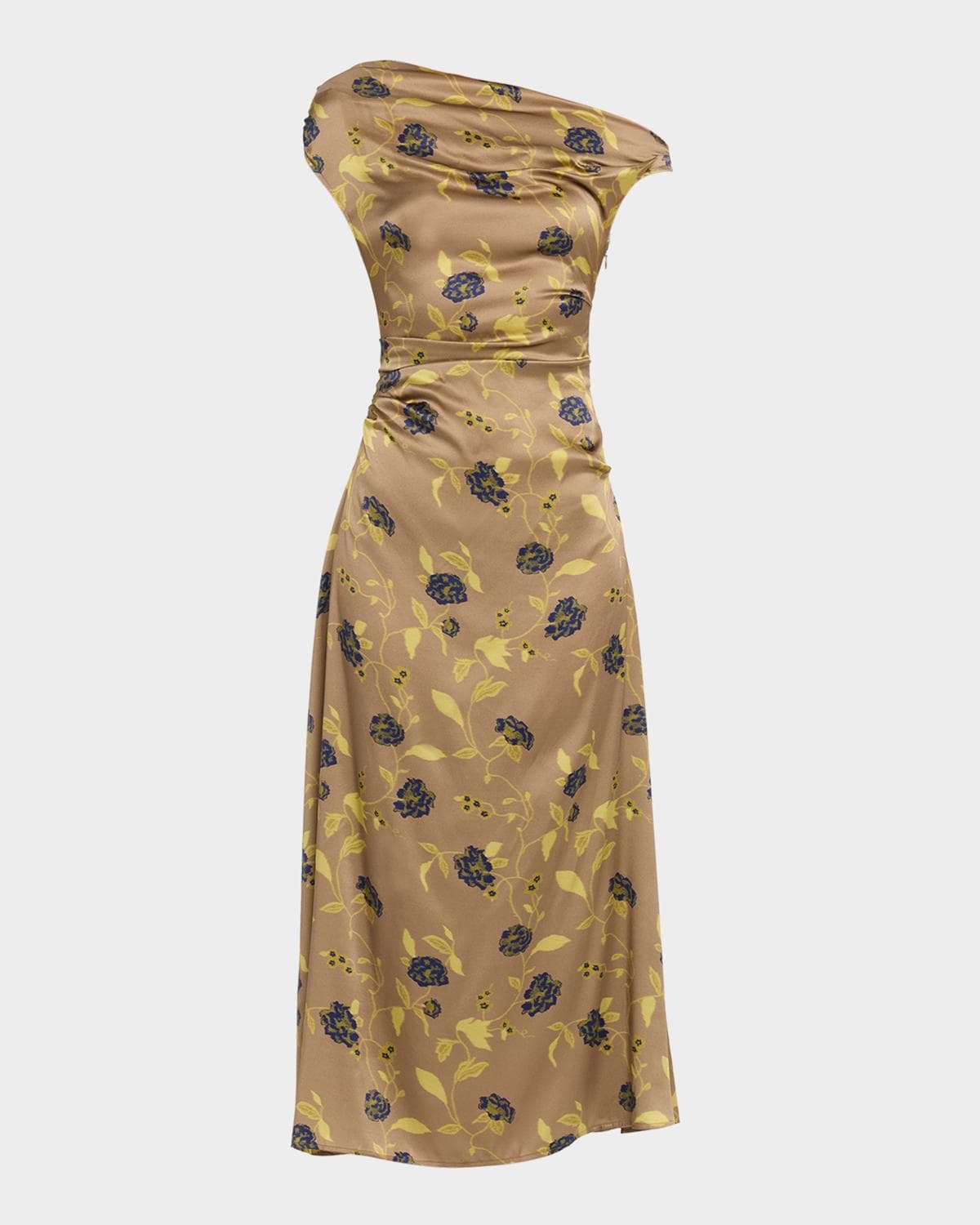 STAUD Phare Asymmetric Floral Silk Midi Dress