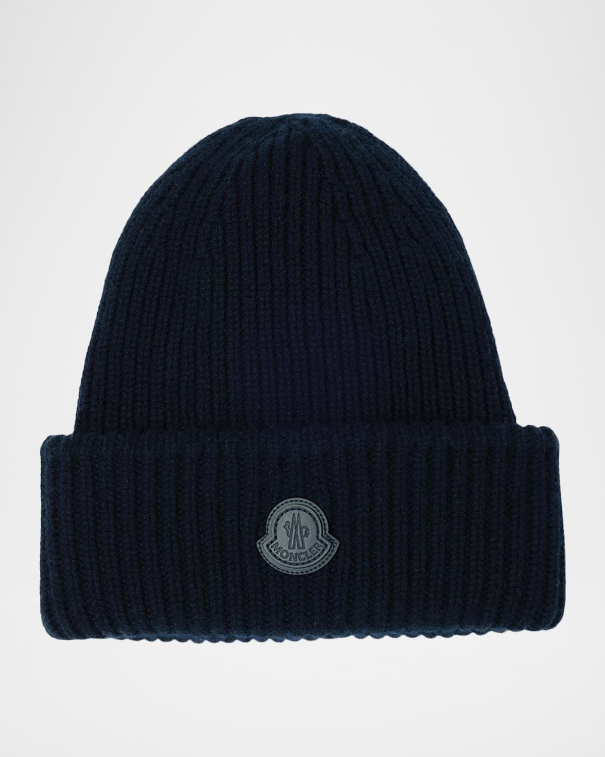 Moncler Men's Cashmere Rib Leather-Logo Beanie Hat