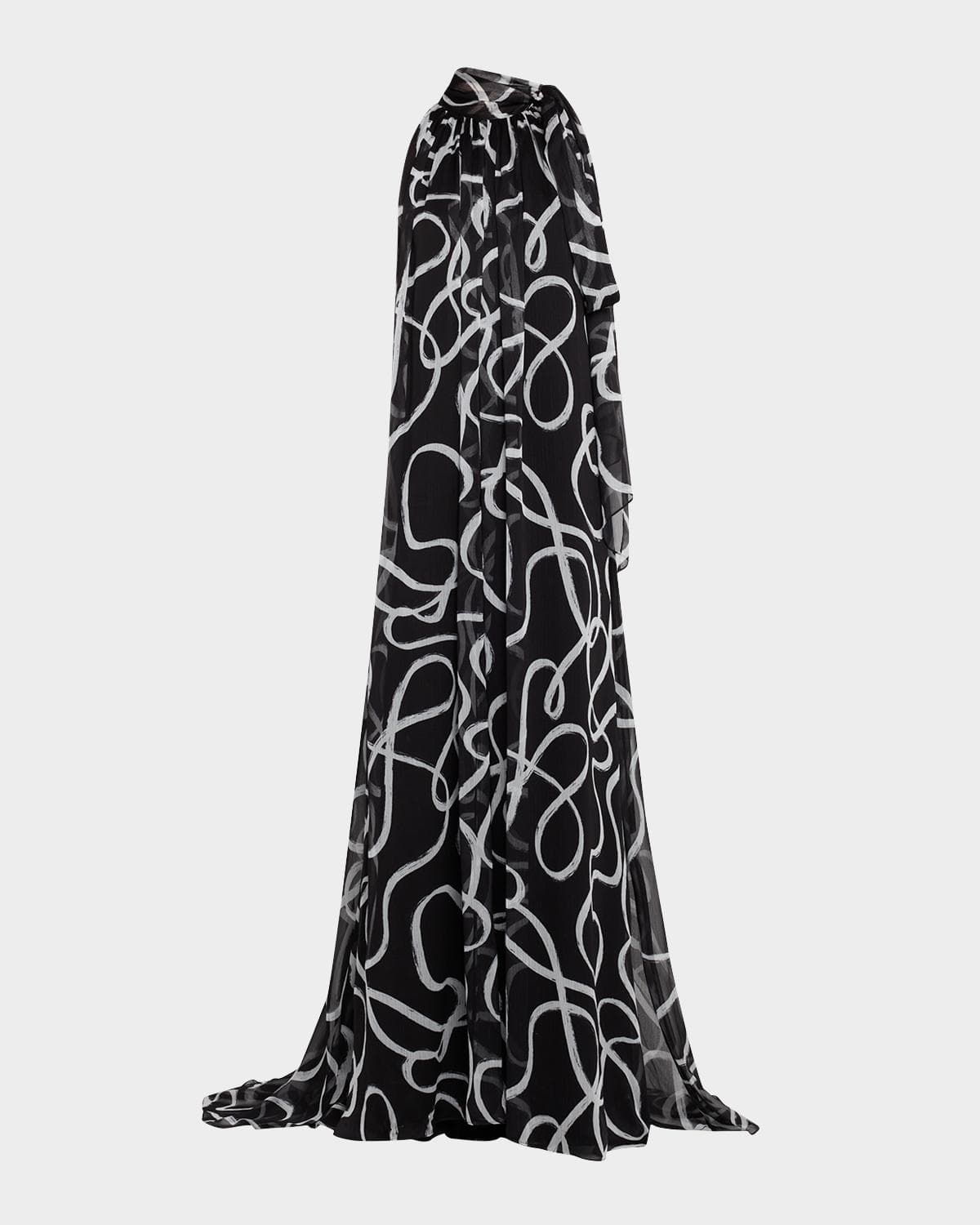 Halston Lyle Brushstroke-Print Chiffon Halter Gown