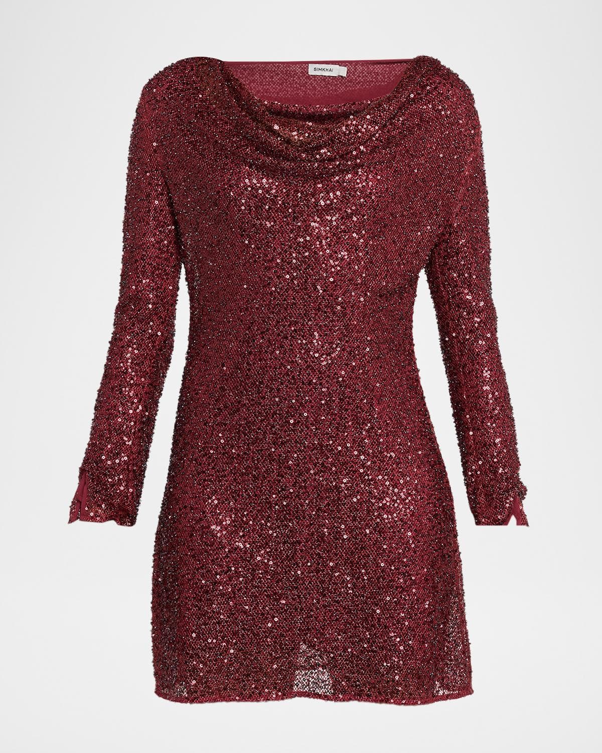 SIMKHAI Emmy Cowl-Neck Bead & Sequin Mini Dress
