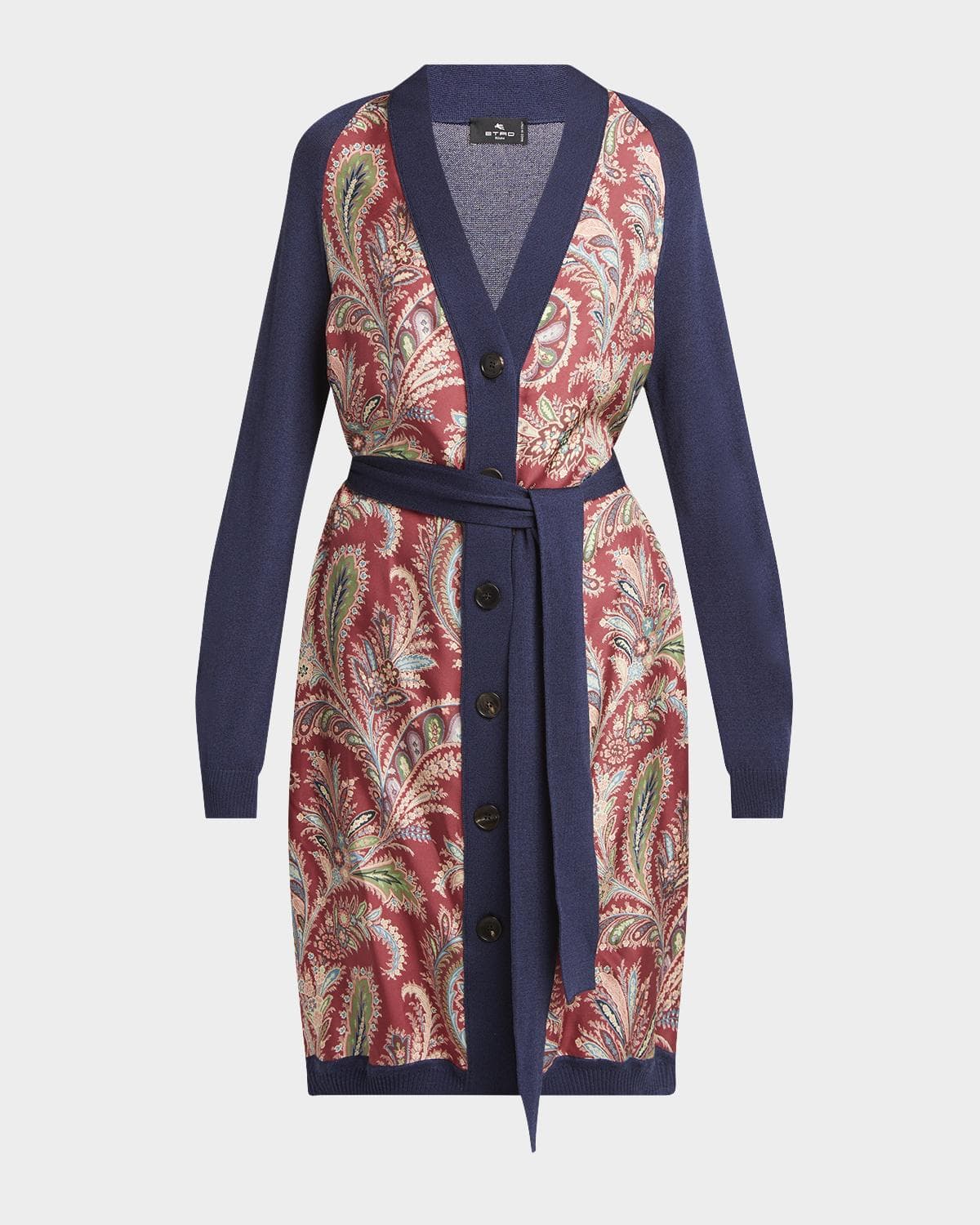 Etro Floral Foulard-Panel Belted Long Cardigan