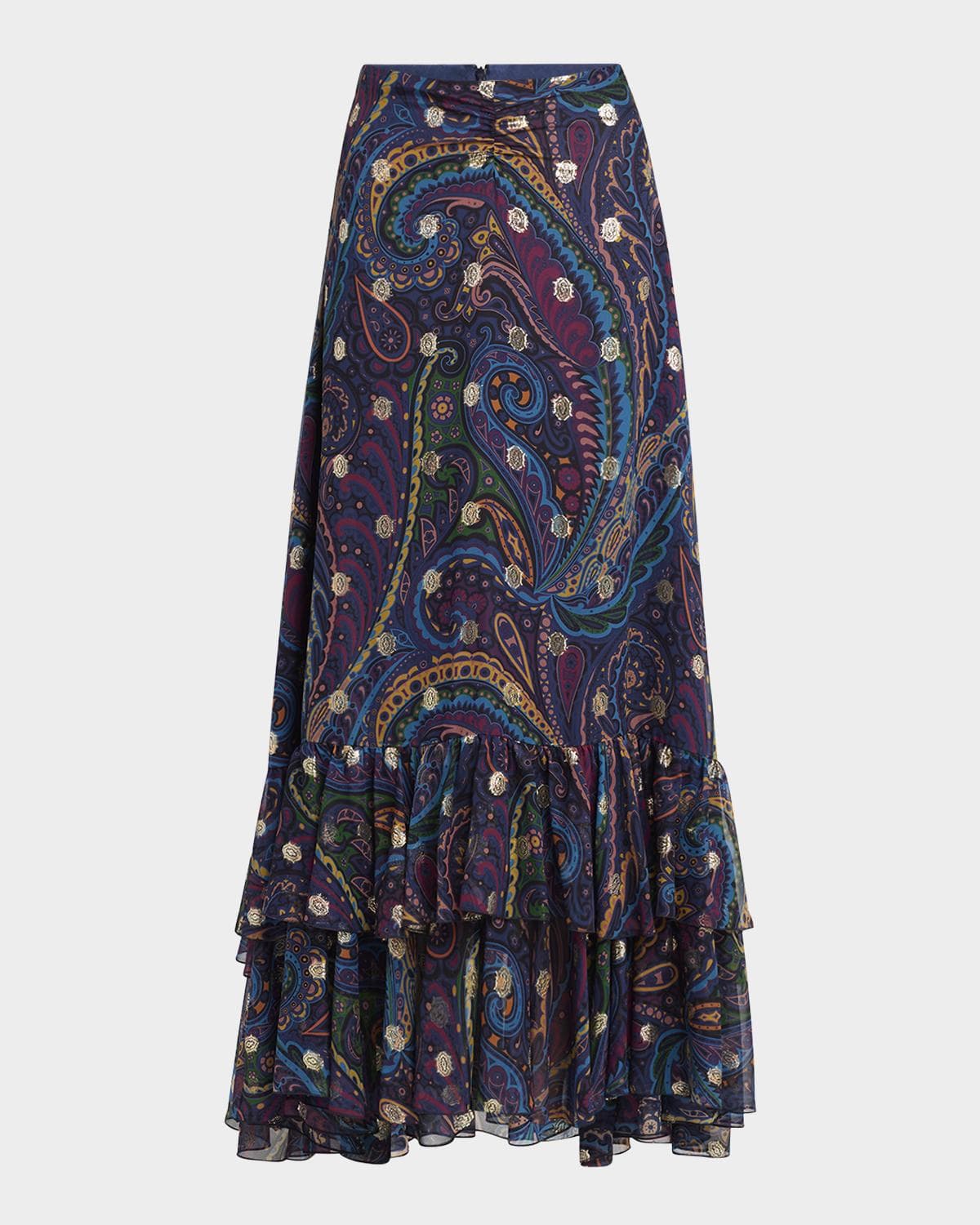 Etro Emerald Paisley Ruffle Fil Maxi Skirt