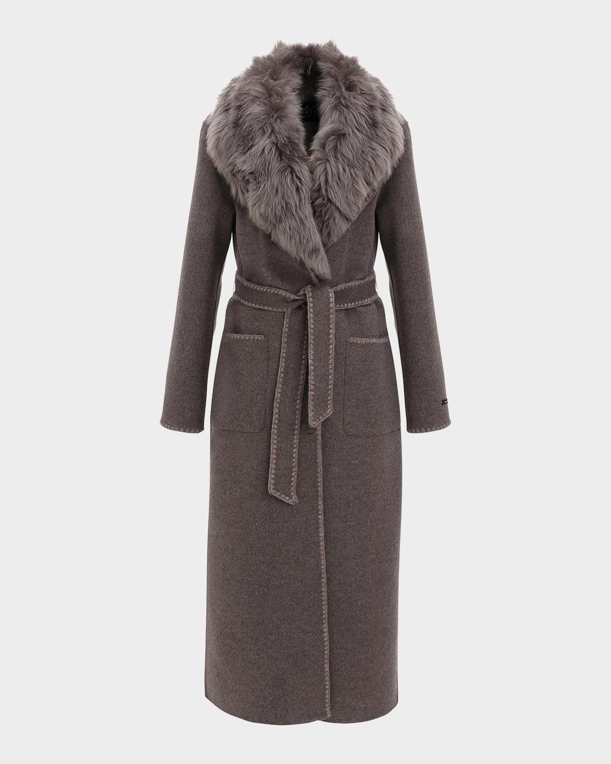 Gorski Belted Cashmere-Wool Coat with Detachable Merinillo Lamb Shearling Collar