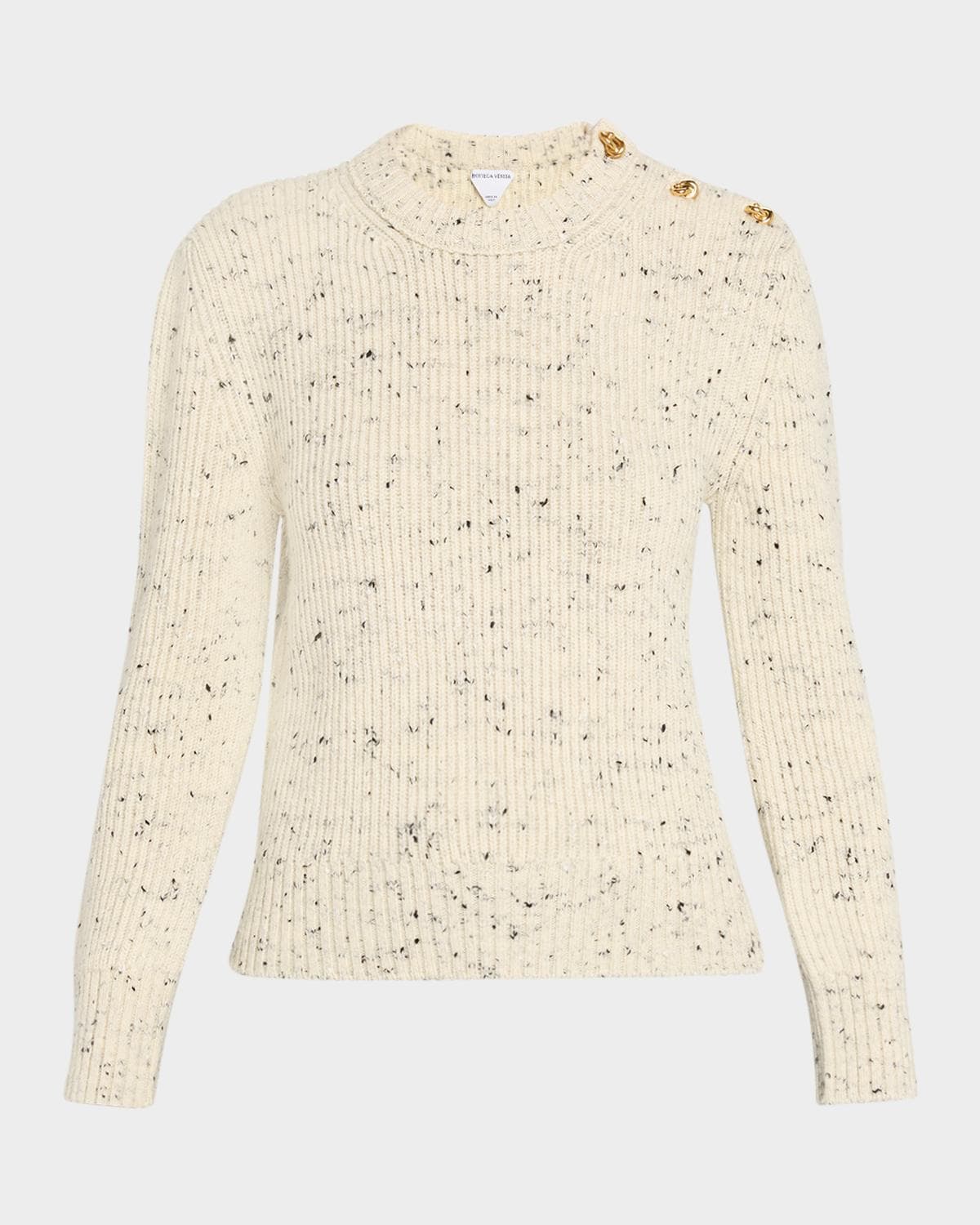 Bottega Veneta Button-Shoulder Speckled Rib Crewneck Sweater