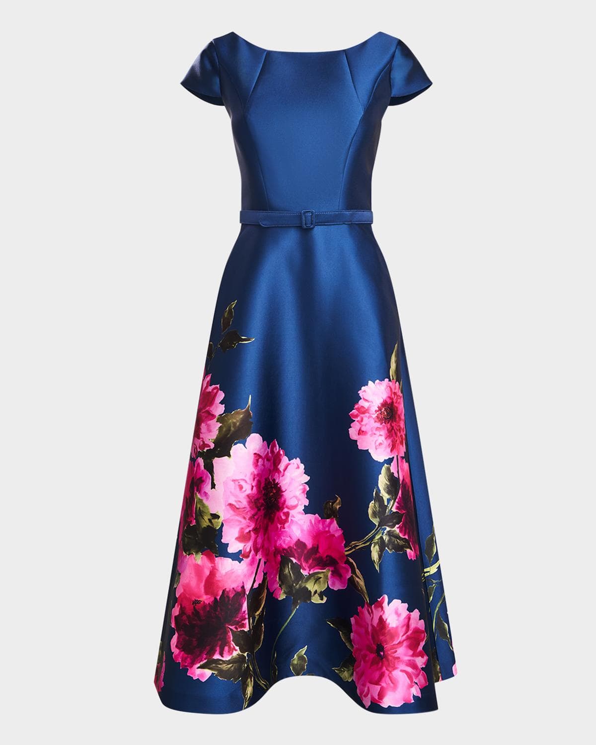 Kay Unger New York Ina Belted Tea-Length Floral Mikado Dress · 4