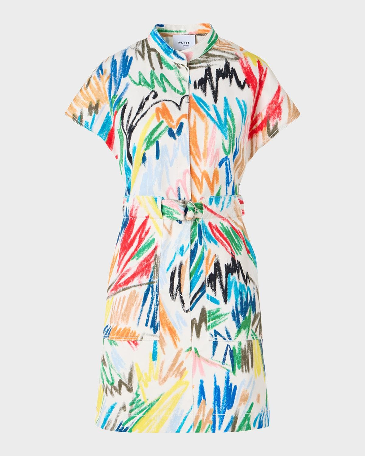 Akris punto Scribble Denim Cap-Sleeve Belted Mini Shirtdress