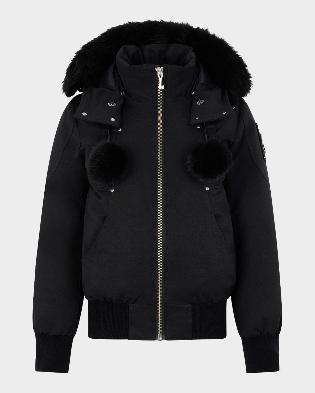 Moose Knuckles Debbie Bomber Jacket with Detachable Hood, Shearling Trim, & Pom Poms