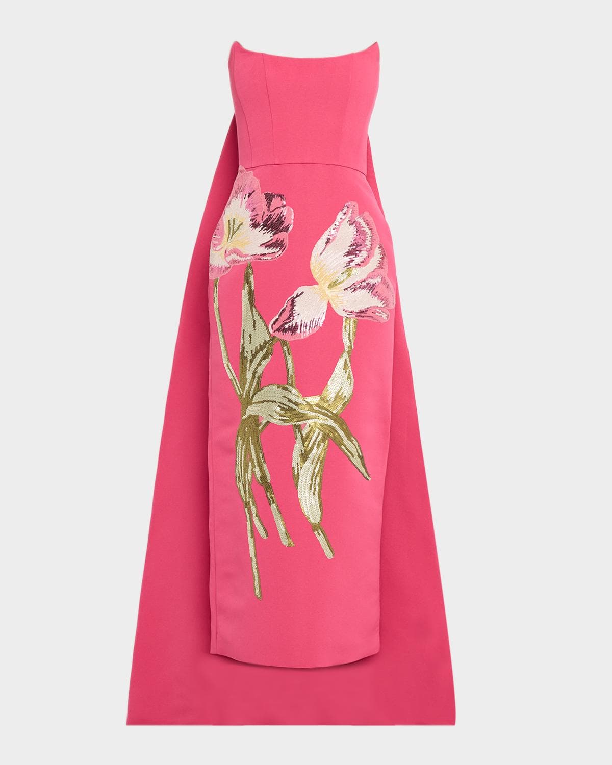 Amsale Strapless Sequined Floral Cape Column Gown