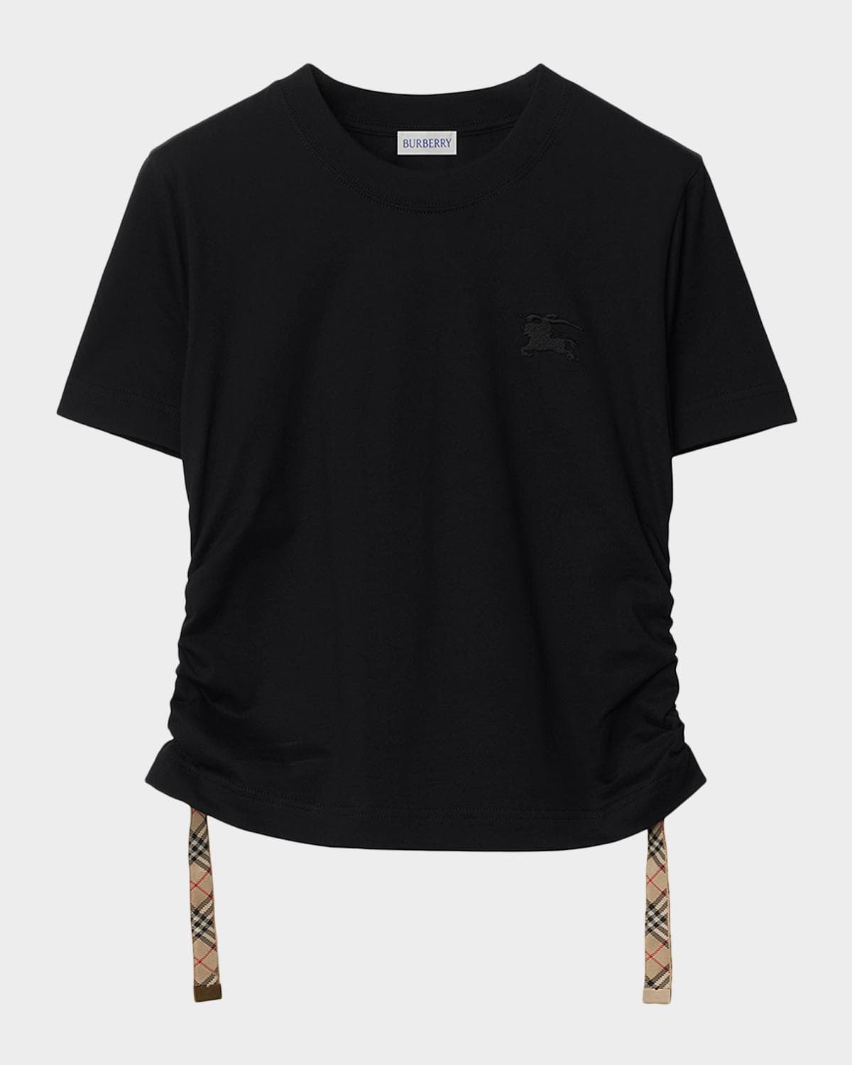 Burberry Check-Tie Ruched Short-Sleeve Crop T-Shirt