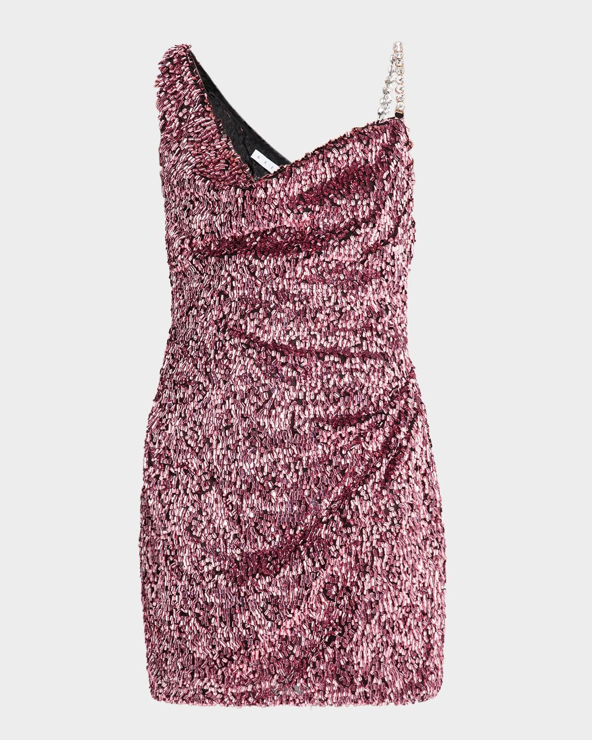 AREA Crystal Strap Sequined Mini Dress