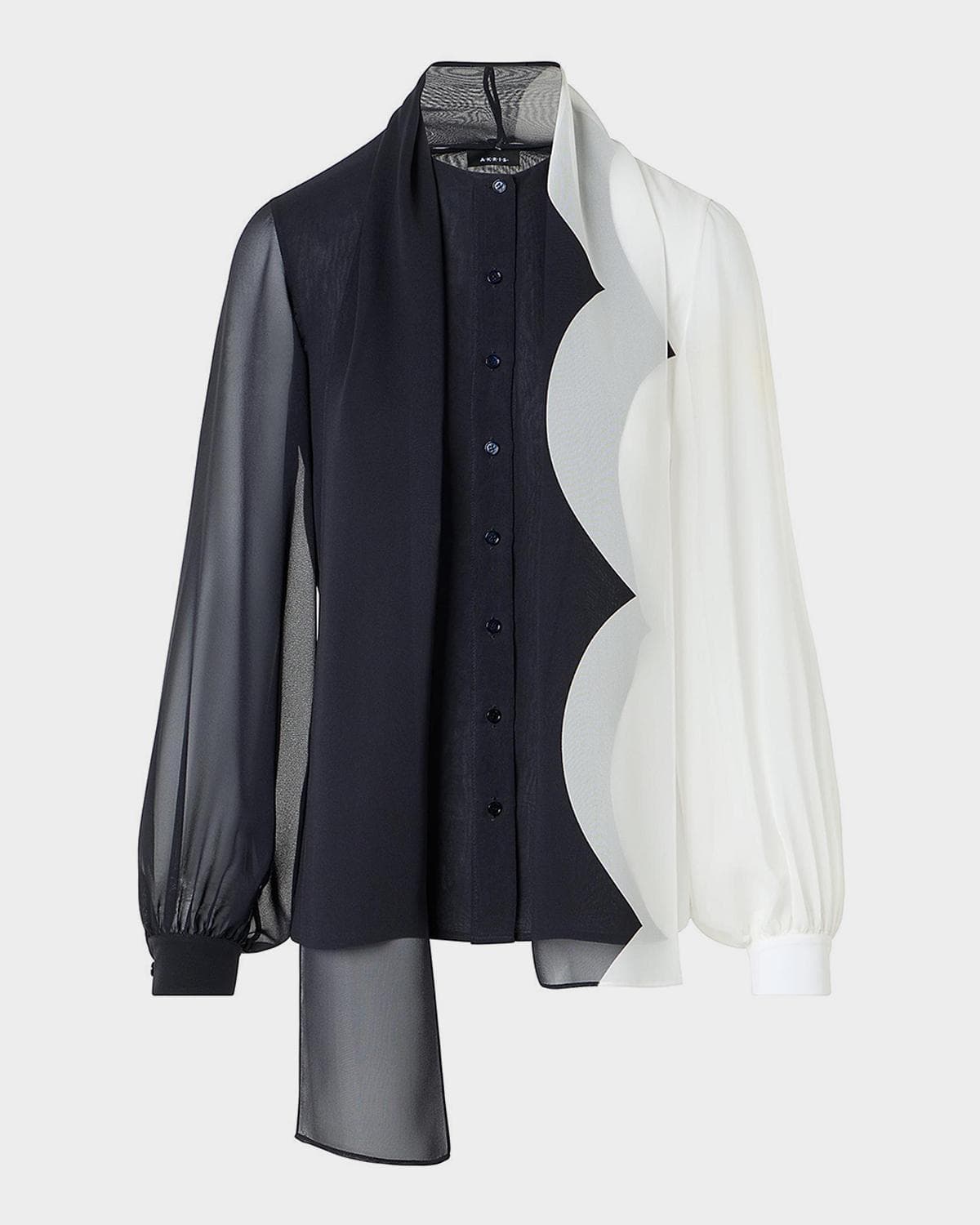 Akris Colorblock Silk Crepe Scarf Blouse