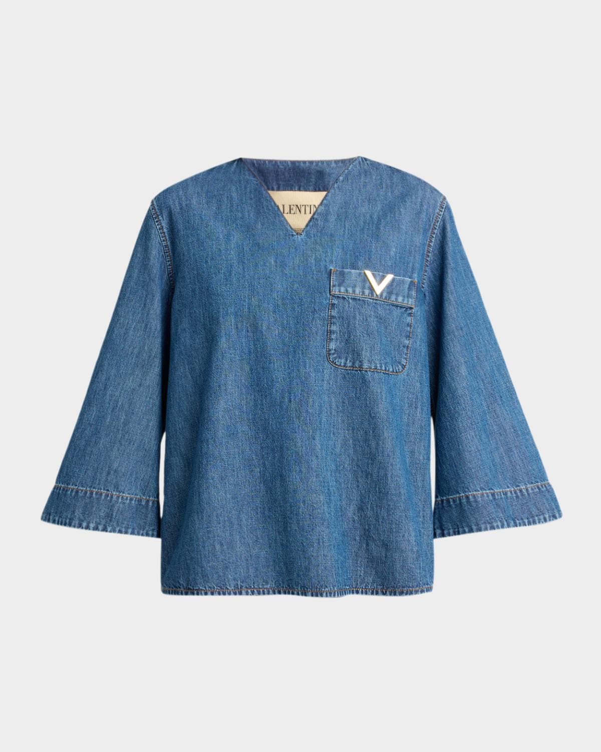 Valentino Garavani V-Logo Denim 3/4-Sleeve Shirt
