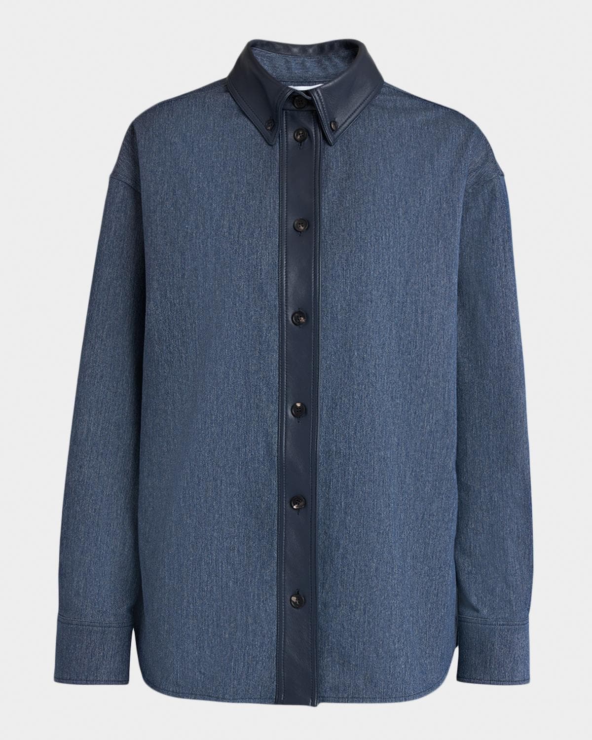 FERRAGAMO Leather-Trim Cotton Denim Button-Down Shirt