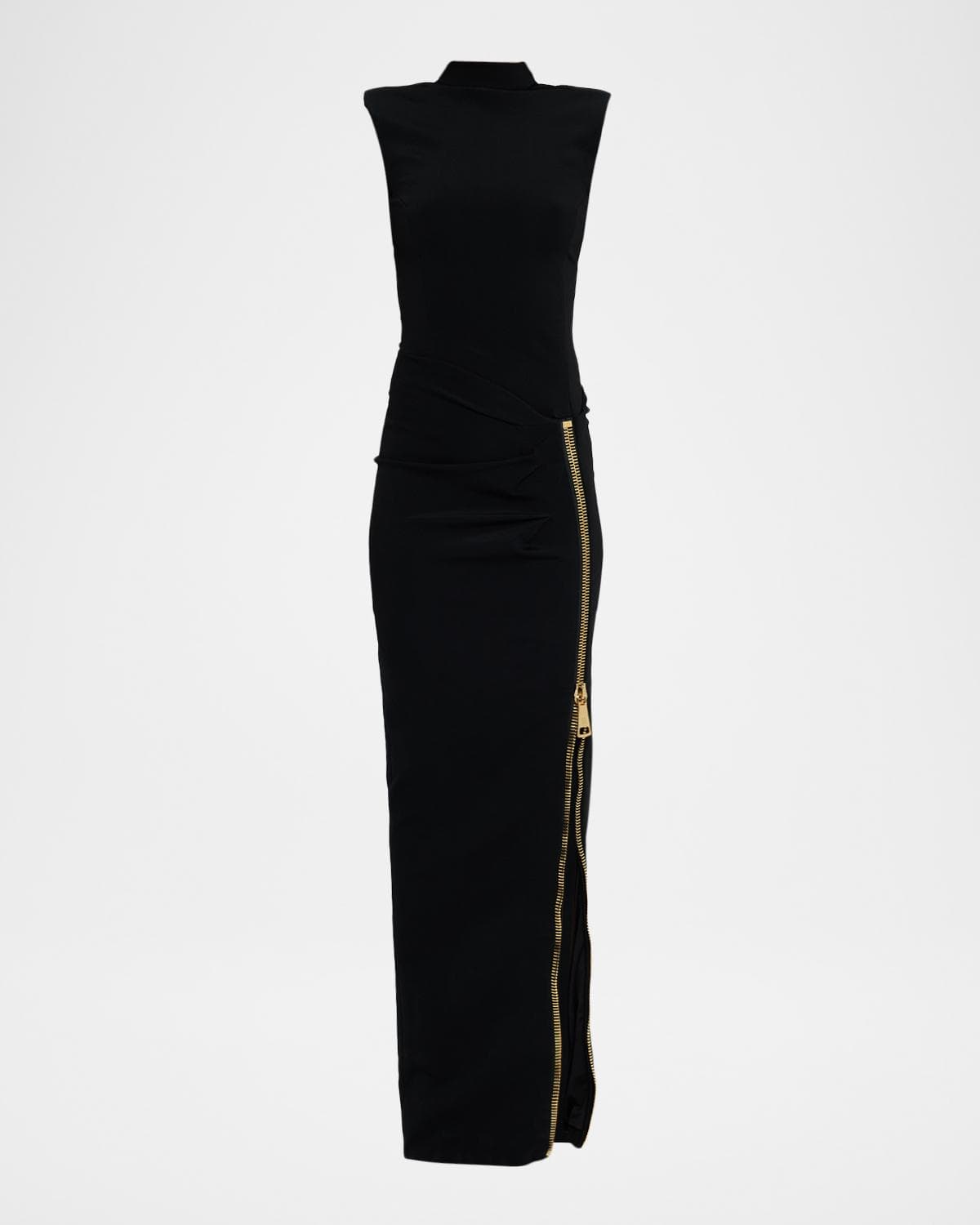 Balmain Mock-Neck Zip Slit Sleeveless Gown