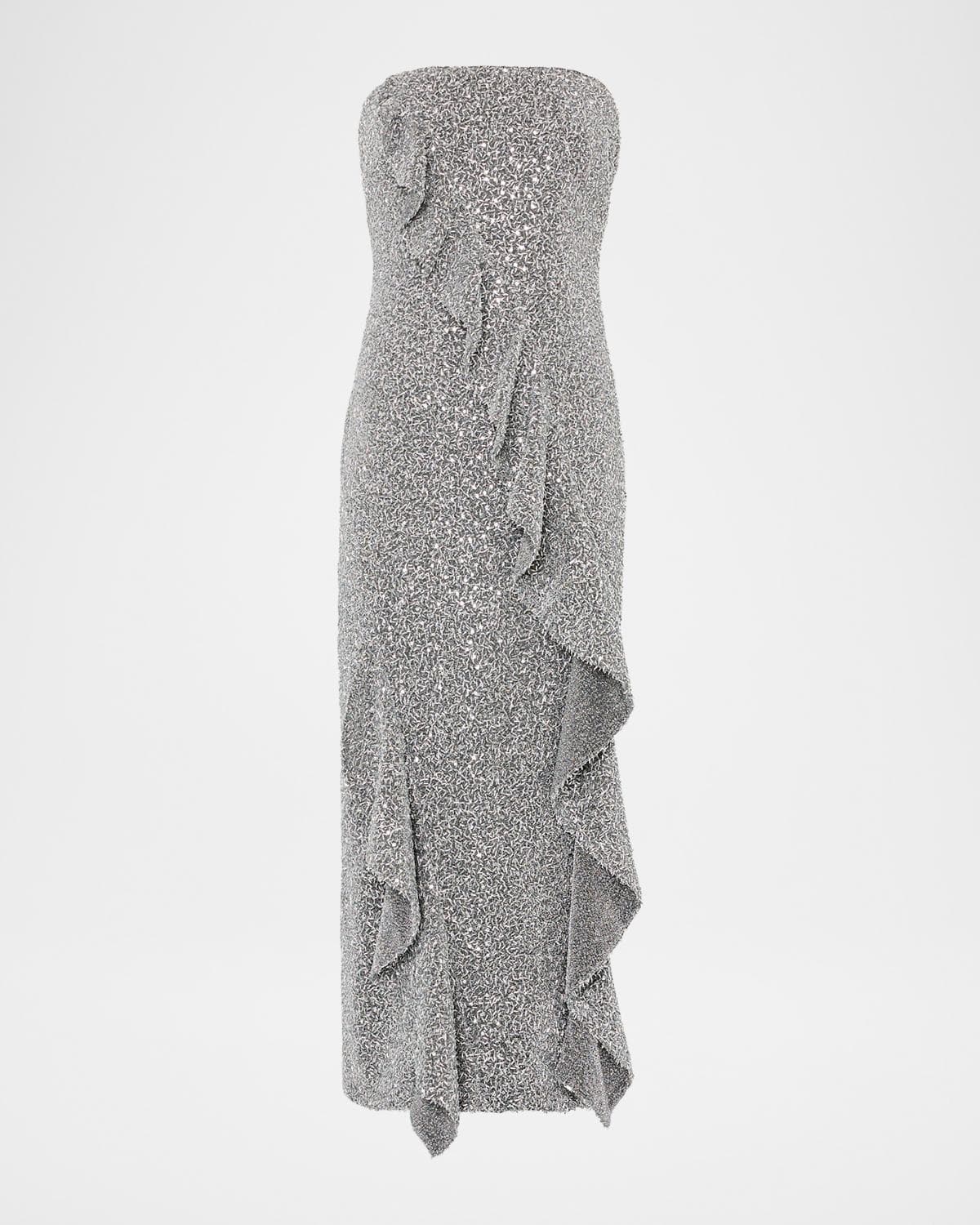 Milly Katy Strapless Ruffle Sequin Midi Dress