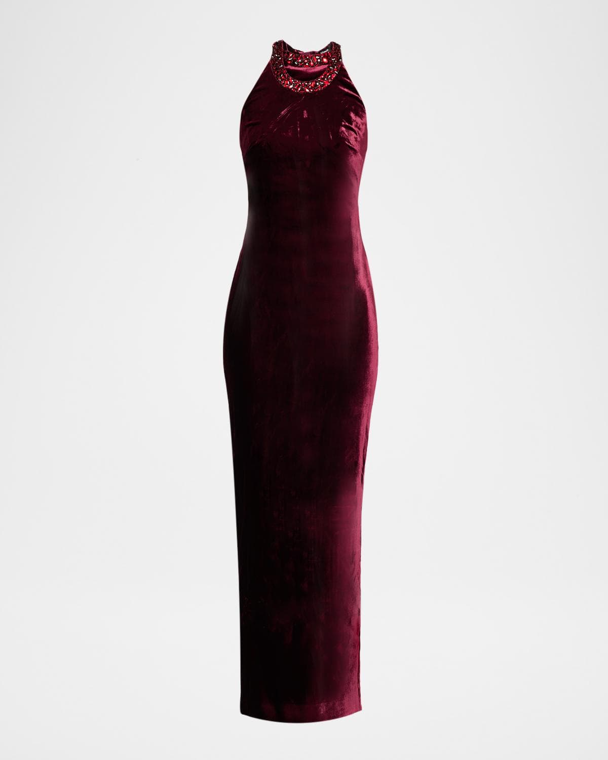 Balmain Crystal Halter Velvet Maxi Dress