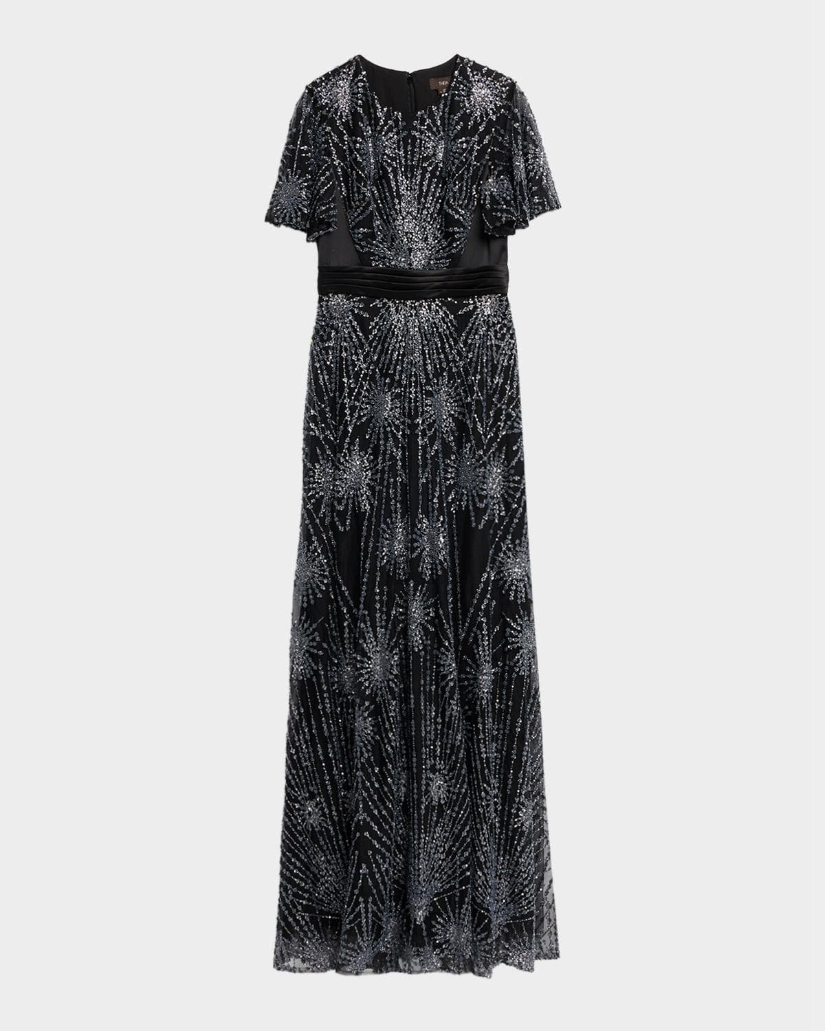 Theia Lavina Short-Sleeve Beaded Mesh Gown