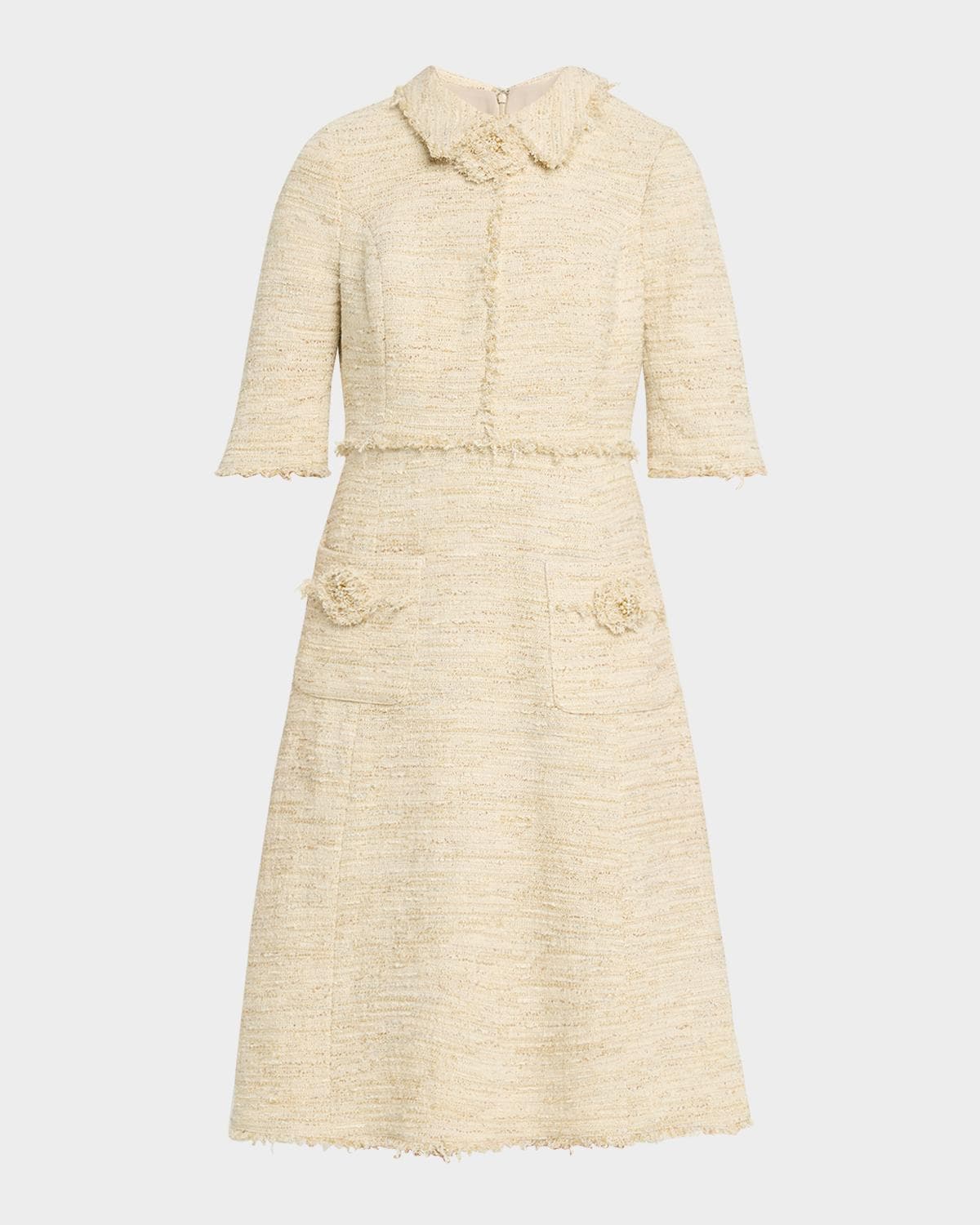 Rickie Freeman for Teri Jon Fringe-Trim Metallic Tweed Dress