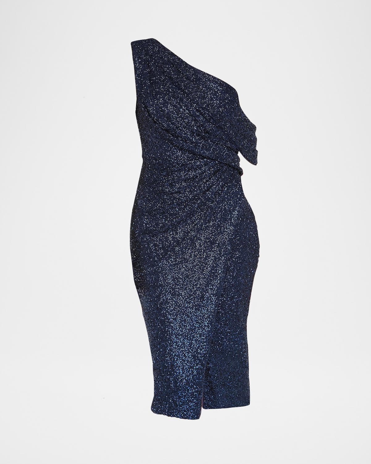 Theia Briella One-Shoulder Faux Wrap Midi Dress