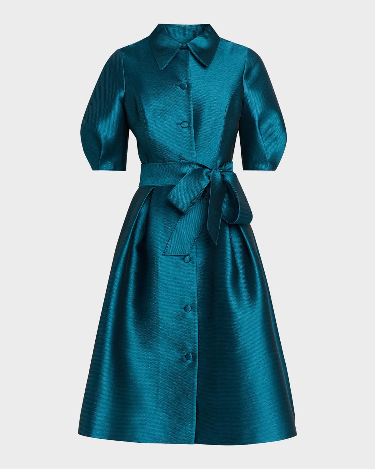 Rickie Freeman for Teri Jon Puff-Sleeve Pique Faille Shirtdress