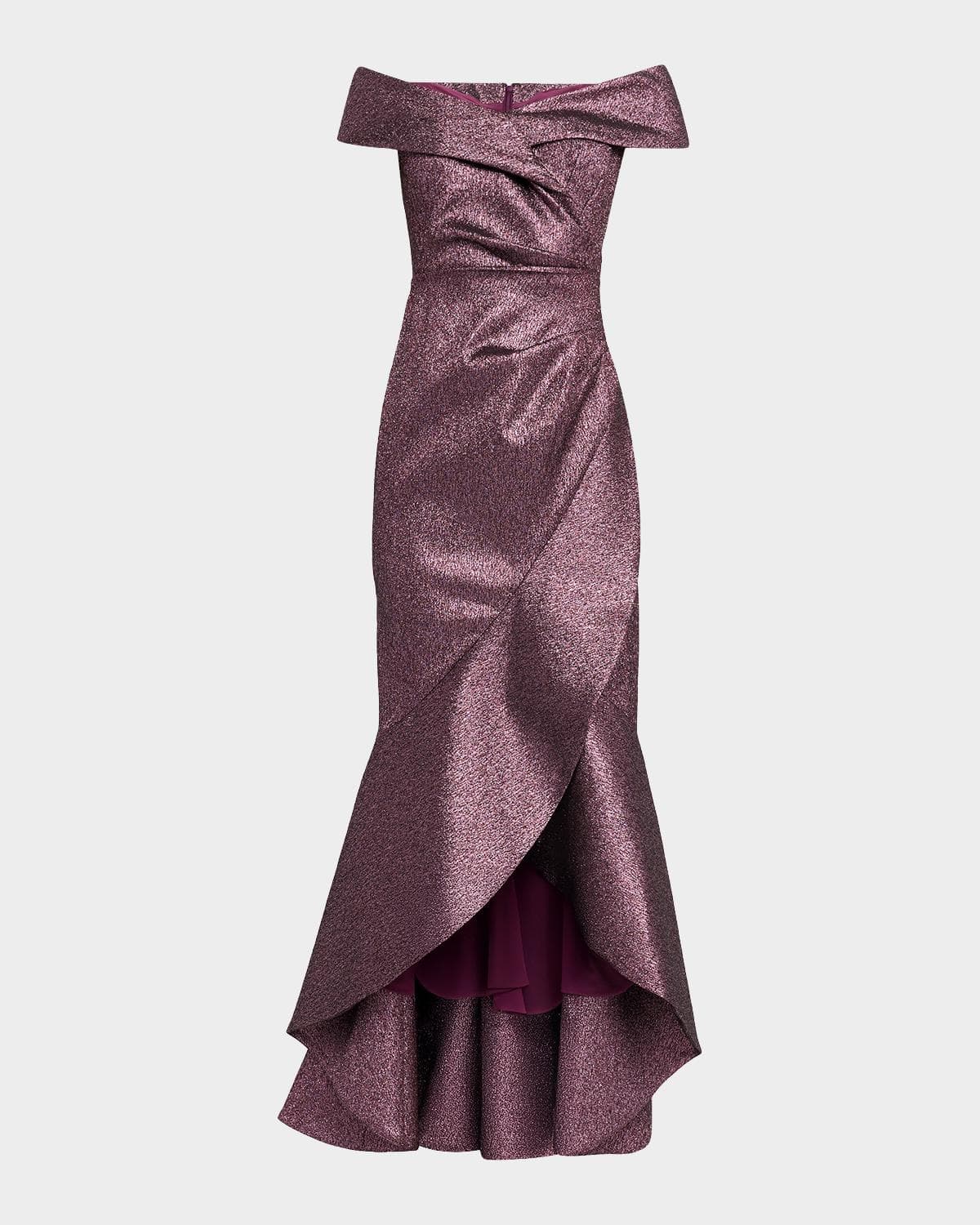Rickie Freeman for Teri Jon Metallic Jacquard Ruffle High-Low Off-Shoulder Gown