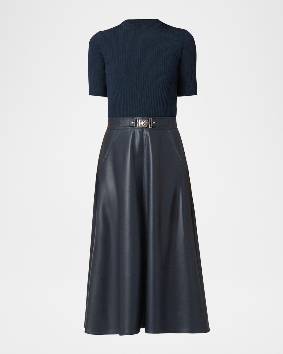 Shoshanna Angela Rib Knit & Faux Leather Midi Dress