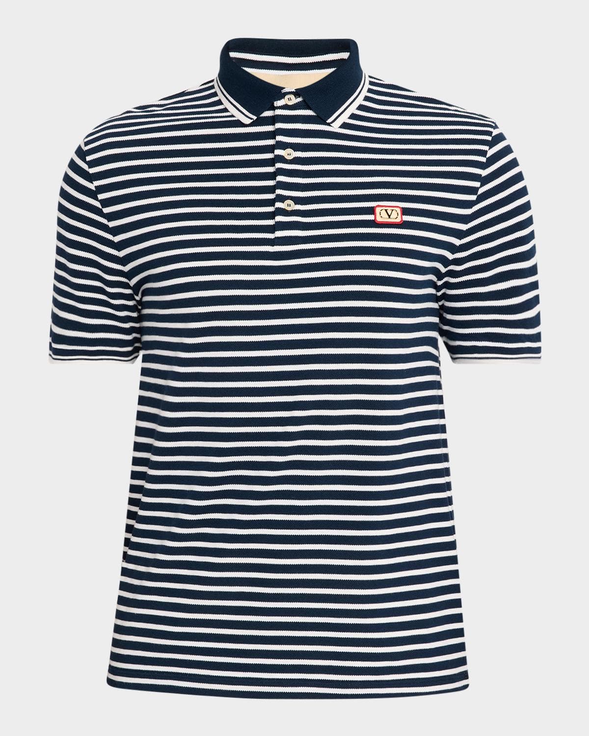 Valentino Garavani Men's Stripe Cotton Pique Polo Shirt with VLogo Patch