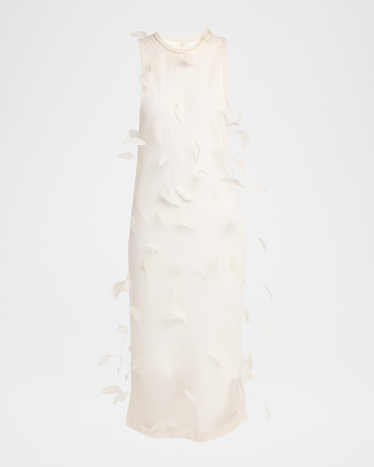 Jil Sander Feather-Trim Sheer Silk Sleeveless Midi Dress