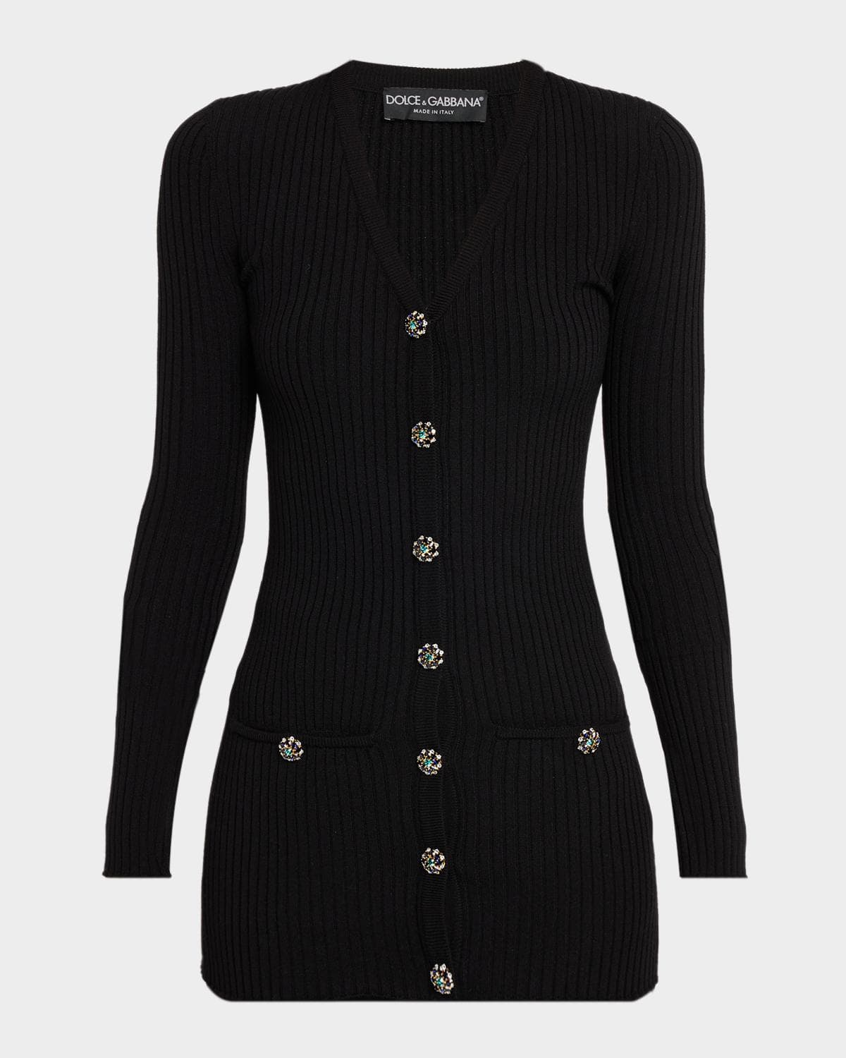 Dolce & Gabbana Crystal-Button Slim Wool Rib V-Neck Cardigan