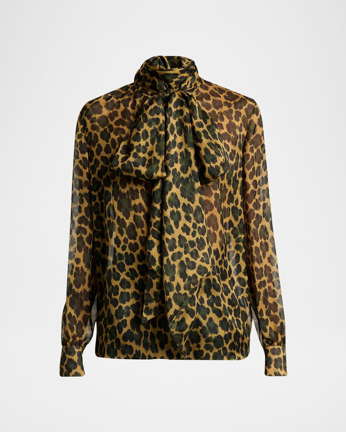 Saint Laurent Leopard Silk Chiffon Bow-Neck Blouse · 34