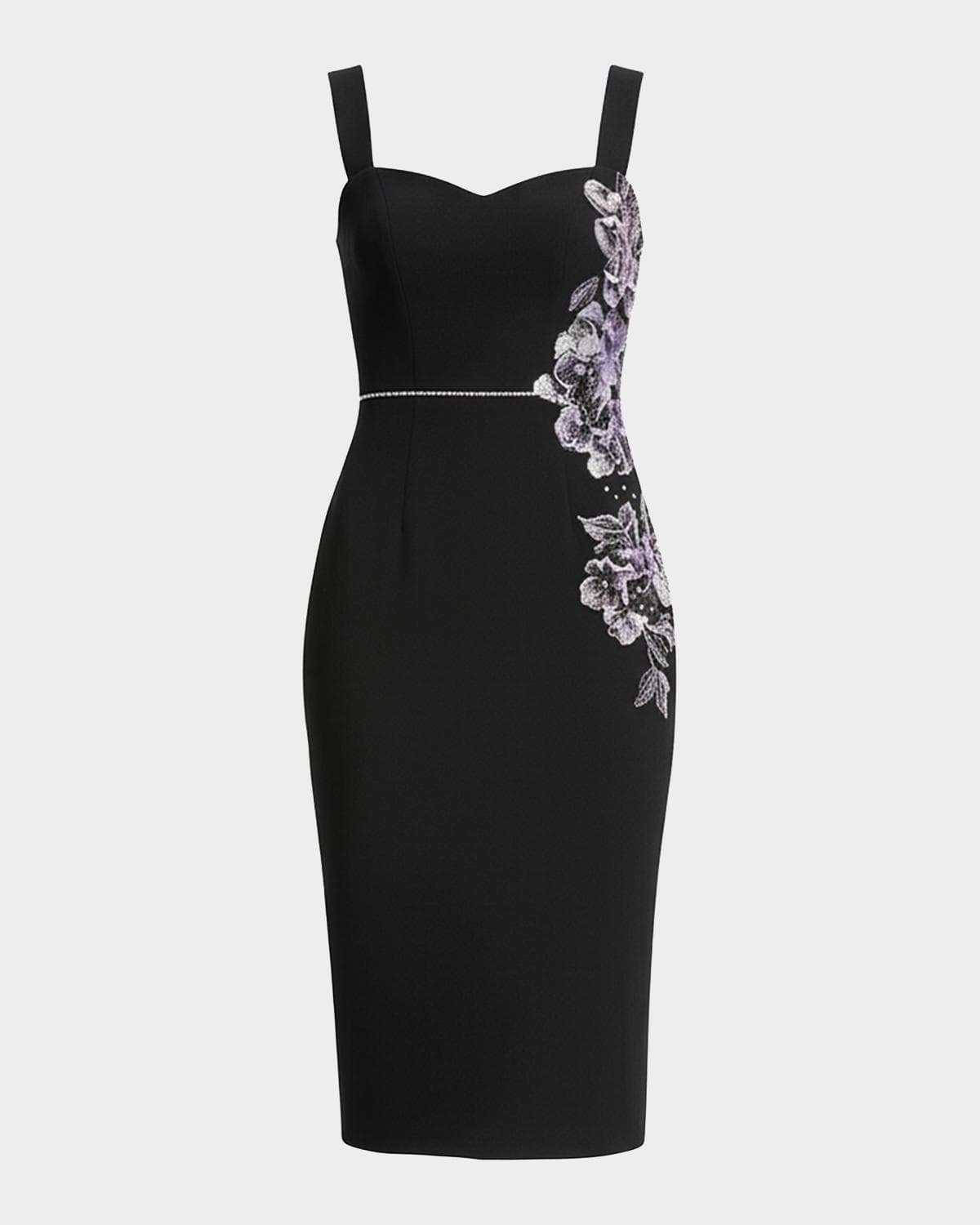 Dress the Population Black Label Nicole Embroidered Applique Midi Sheath Dress