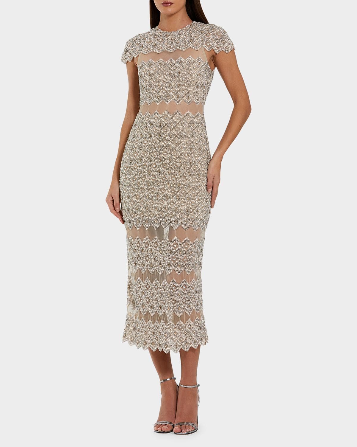 Mac Duggal Sheer-Inset Beaded Mesh Bodycon Midi Dress