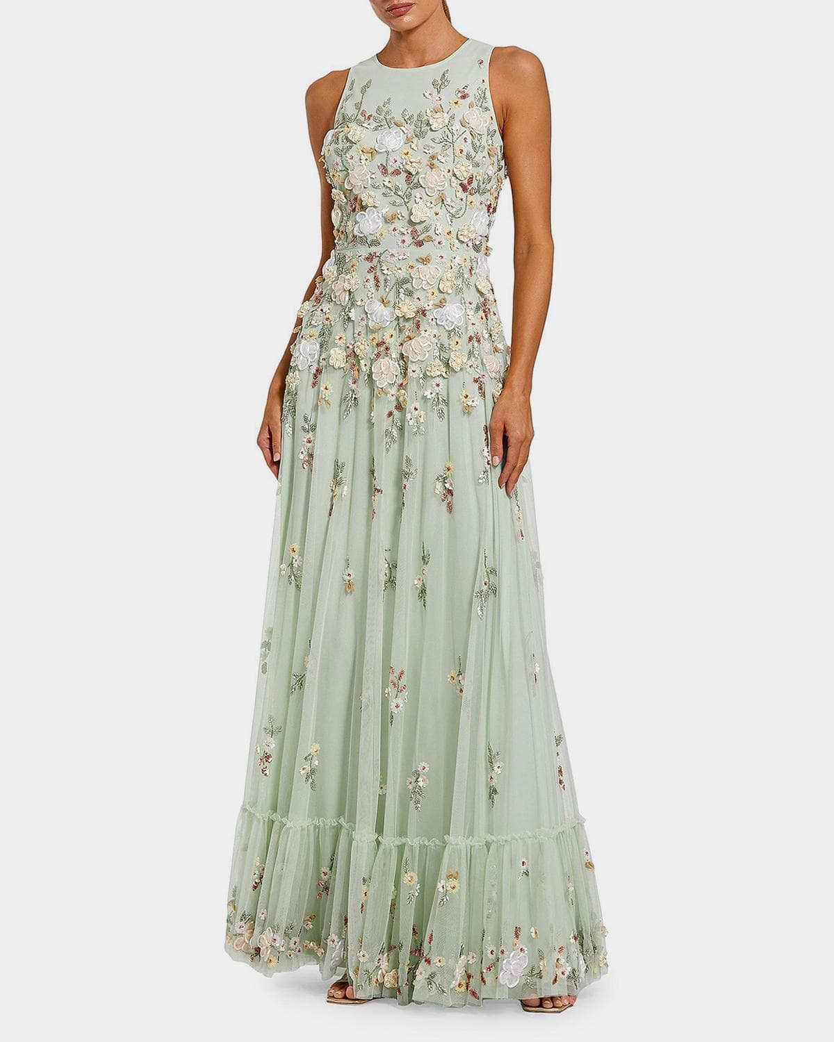 Mac Duggal Evening Floral Embroidered Sleeveless Mesh Gown